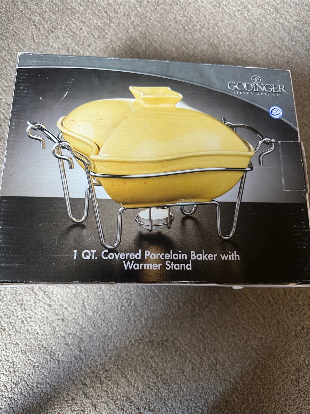Godinger Yellow Porcelain Covered Baker with Silver Warmer Stand